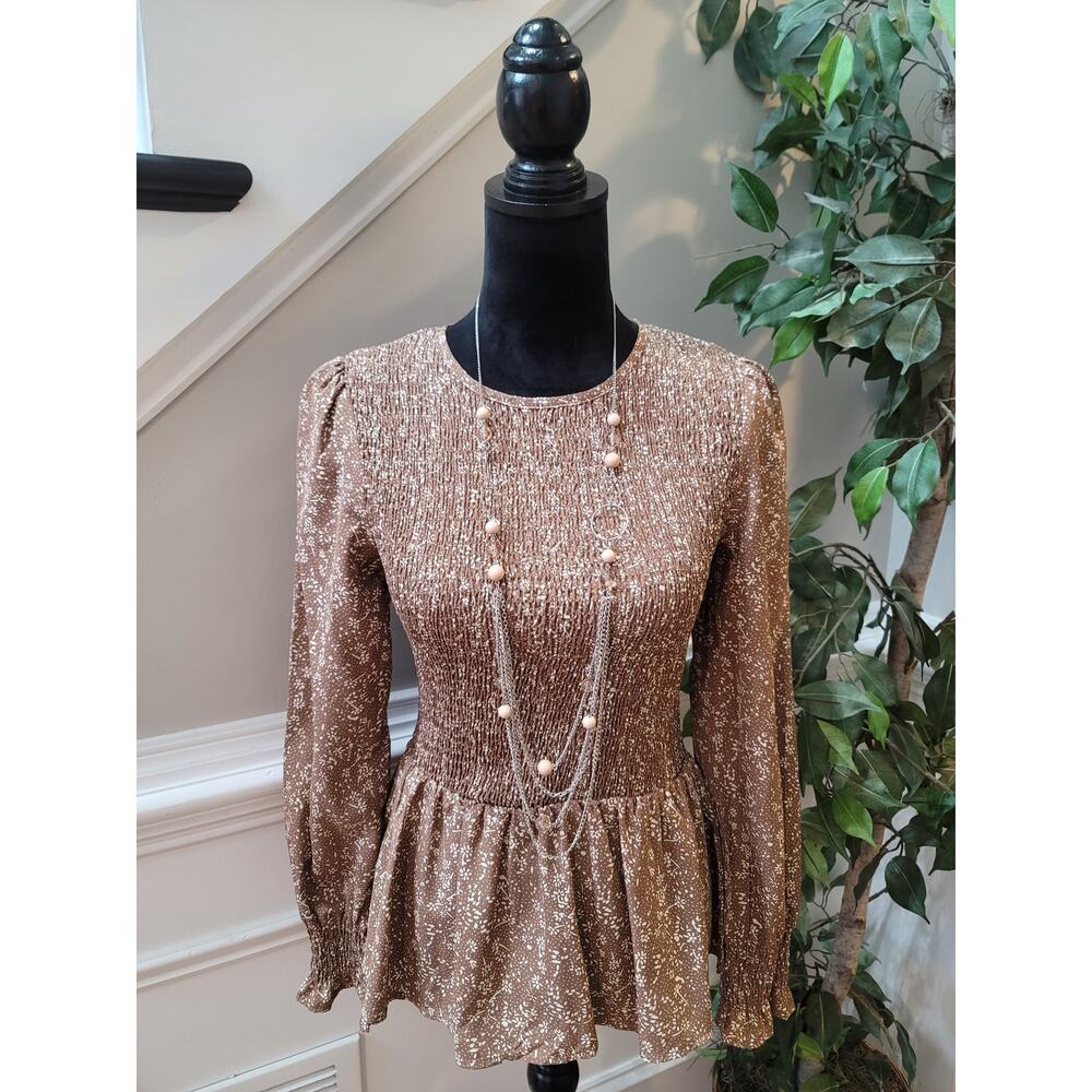 Fashion Peplum Blouse S Brown Floral Polka Dot Shirred Bodice Crew Smocked Party